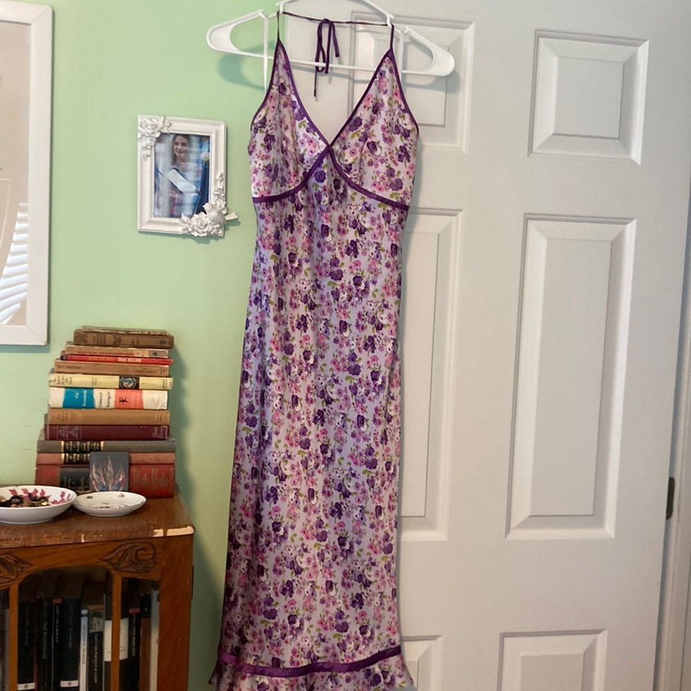 100% silk purple lavender floral print tie halter dress Express